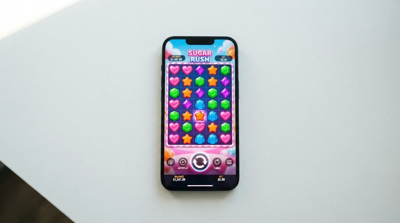 Ekran iPhone wyświetlający automat online z widoczną siatką 7×7, kolorowymi symbolami i przyciskiem spin — slot zoptymalizowany pod ekran dotykowy