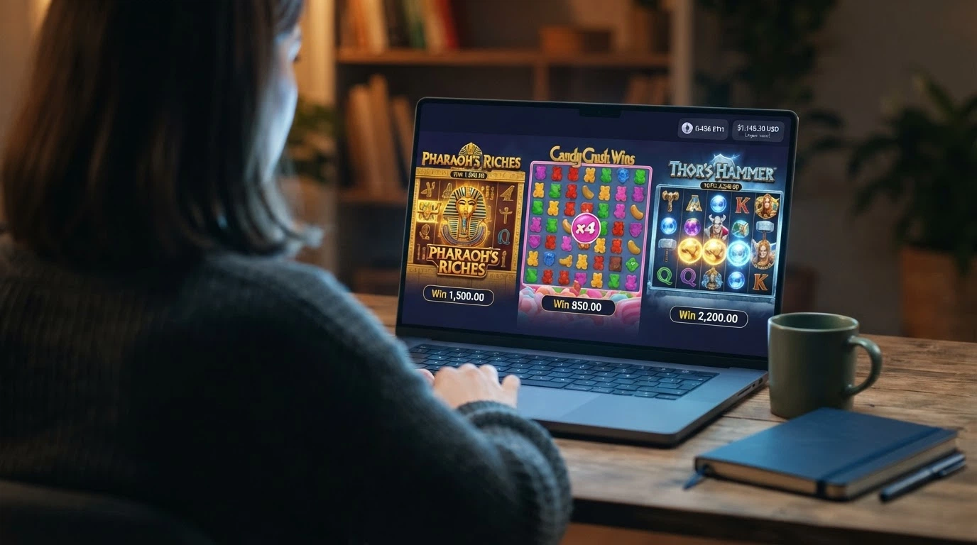Kolorowe automaty online — Book of Dead, Sweet Bonanza i Gates of Olympus na ekranie laptopa z widocznym saldem w kryptowalucie