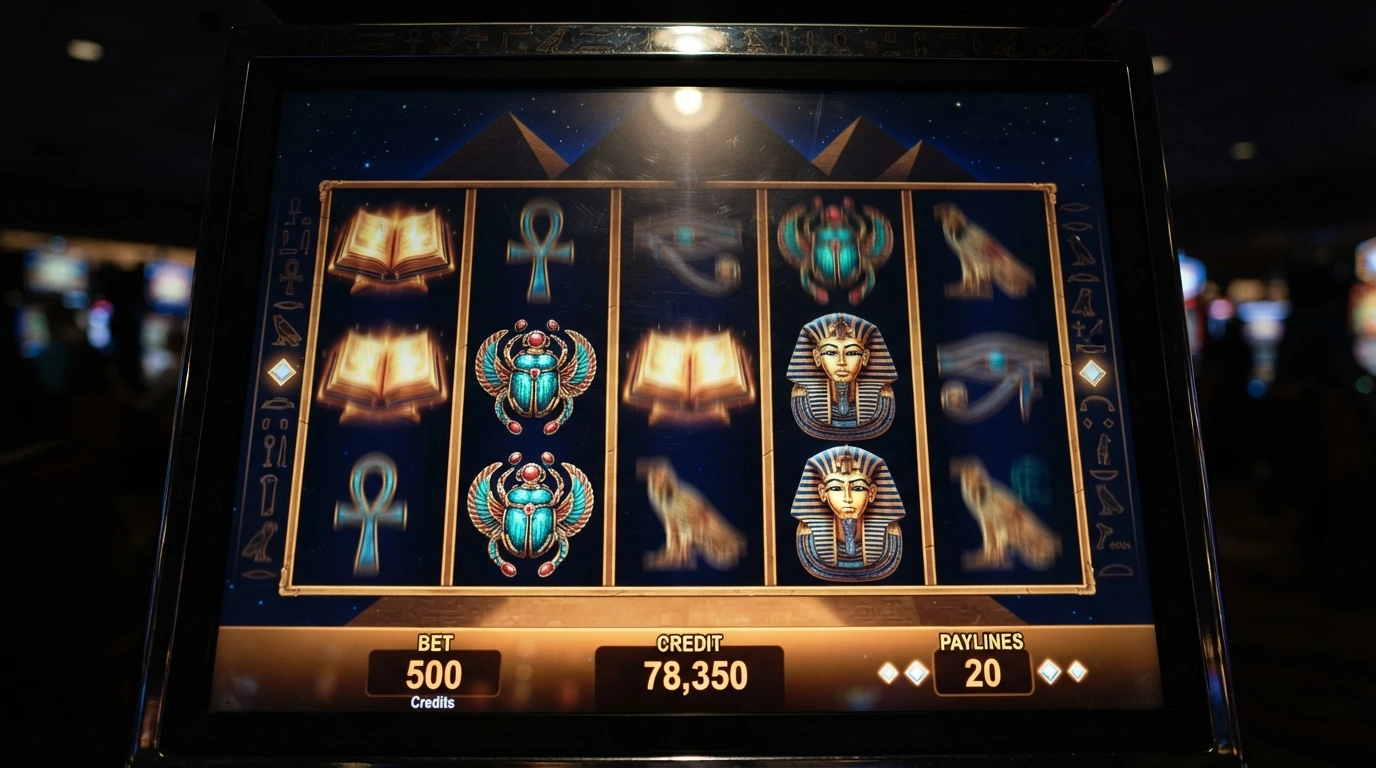 Ekran automatu Book of Ra Deluxe z widocznymi bębnami, symbolami księgi i polem stawki, na ciemnym tle z nutą egipską