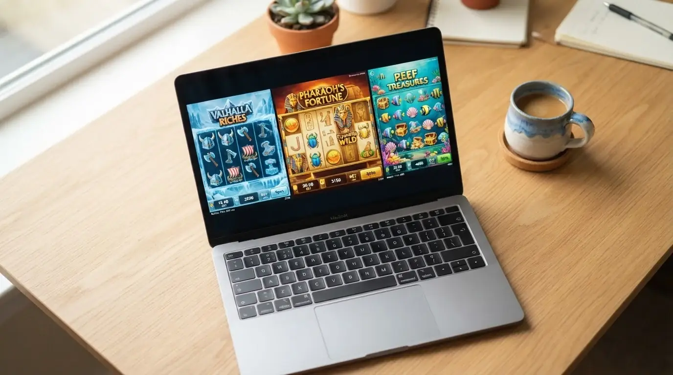 Kolaż trzech slotów Yggdrasil na ekranie laptopa: Vikings Go Berzerk, Valley of the Gods i Golden Fish Tank z widocznymi bębnami i symbolami