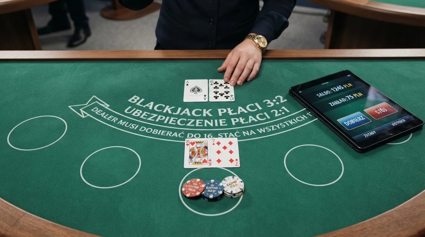 Stół do blackjacka na żywo z krupierem rozdającym karty; na ekranie widoczny interfejs zakładów i czat gracza.