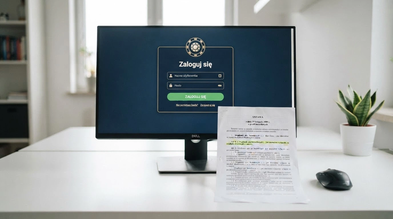 Ekran logowania Total Casino na monitorze obok wydruku ustawy o grach hazardowych z zaznaczonym artykułem 5