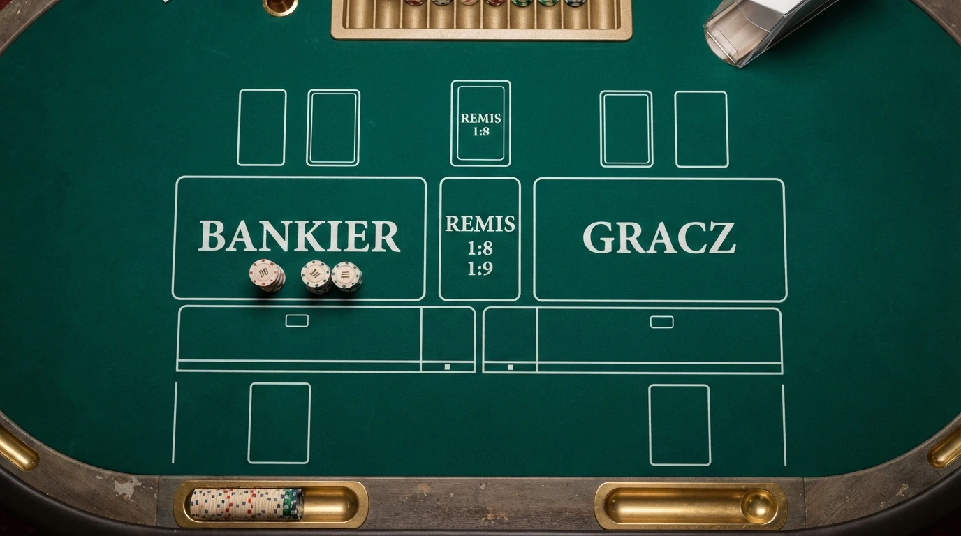 Układ stołu do bakarata z oznaczonymi polami zakładów: Bankier, Gracz, remis oraz miejsce na karty