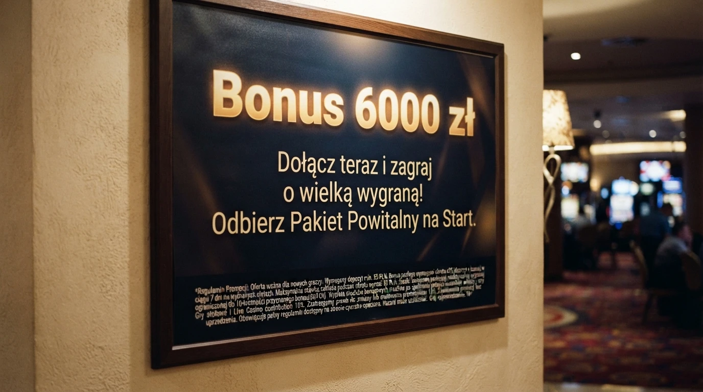 Baner reklamowy kasyna z dużym napisem „Bonus 6000 zł” i małym drukiem warunków obrotu pod spodem