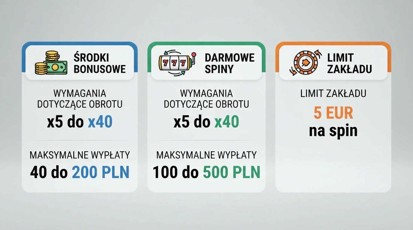 Zbliżenie na tabelę warunków bonusu bez depozytu: kwota bonusu, mnożnik wageru, maksymalna wypłata i termin ważności — z kluczowymi liczbami wyróżnionymi kolorem
