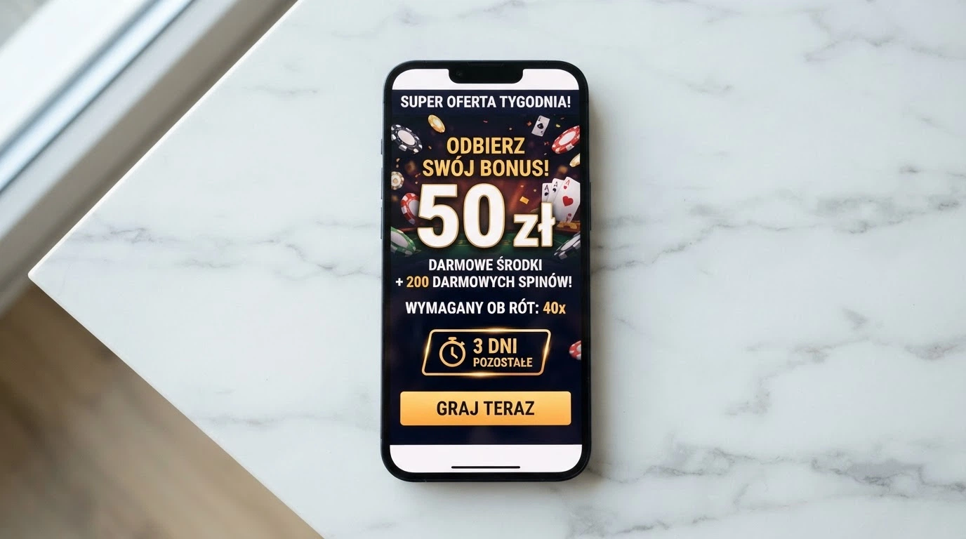 Ekran promocji Total Casino z widocznymi warunkami: kwota bonusu, wymóg obrotu i termin ważności