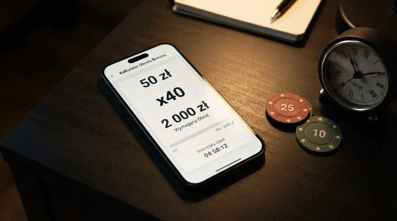 Kalkulator na ekranie telefonu, obok stos monet i zegar — wizualizacja zależności między kwotą bonusu, wagerem i czasem na obrót