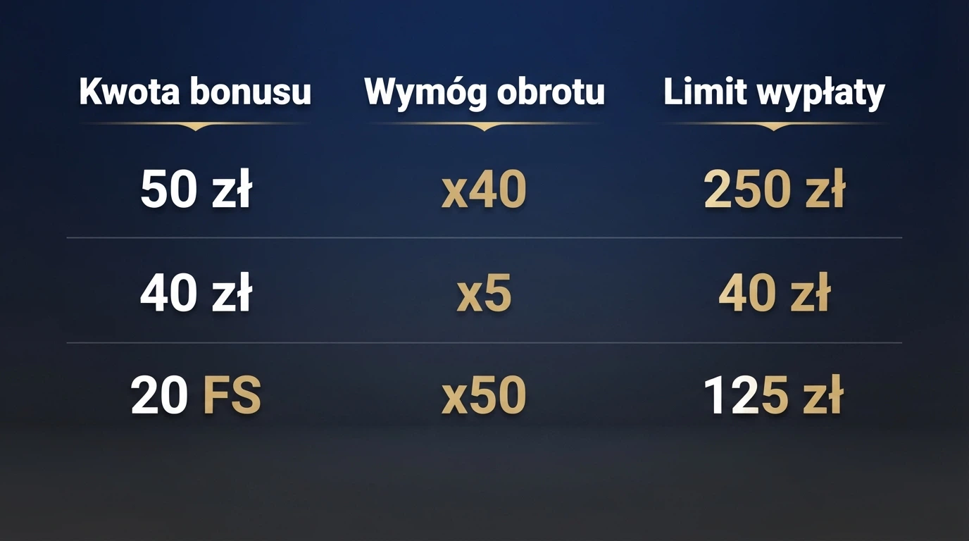 Zbliżenie na tabelę porównawczą warunków bonusu — kwota, wymóg obrotu, limit wypłaty — z trzema kolumnami i różnymi wartościami liczbowymi