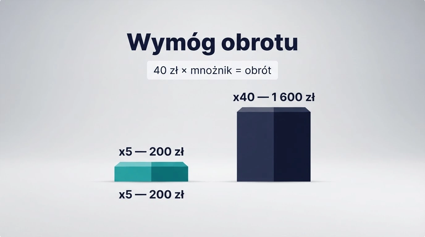 Infografika przedstawiająca mechanizm wymogu obrotu — bonus, mnożnik wagera i kwota do obrócenia