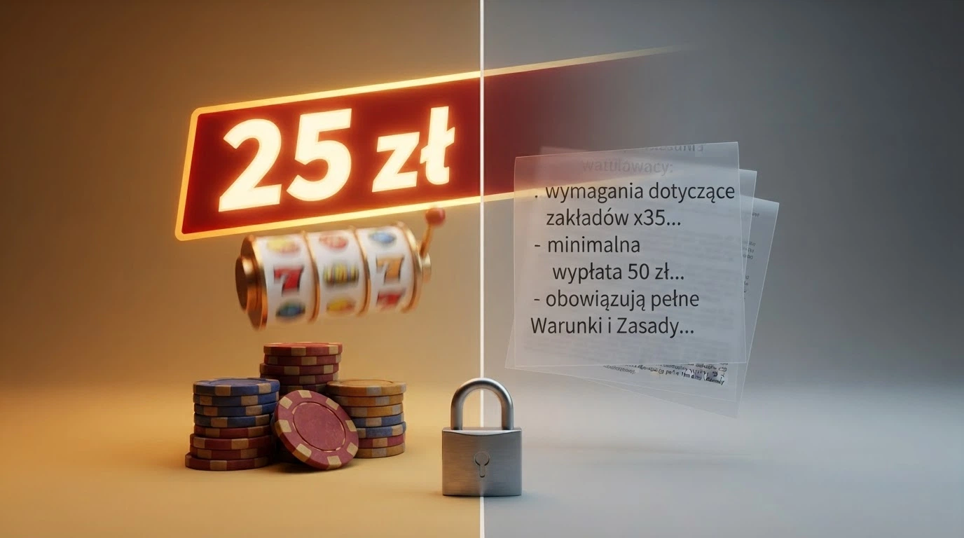 Zestawienie graficzne: z jednej strony jasny baner „Bonus 25 EUR bez depozytu”, z drugiej — drobny druk z warunkami: x5 obrotu, limit €50, ważność 5 dni, weryfikacja konta.