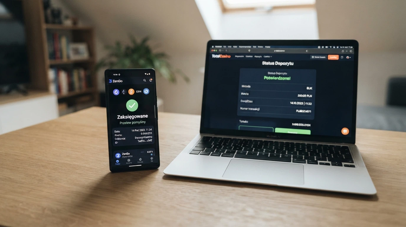 Ekran portfela kryptowalutowego z widokiem transakcji BNB obok interfejsu kasyna pokazującego zaksięgowanie depozytu
